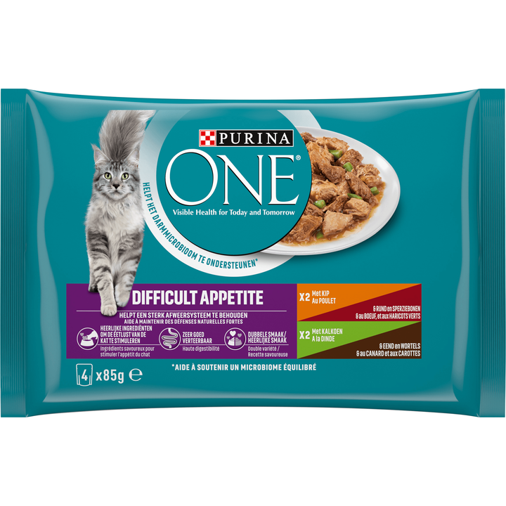 PURINA ONE® Difficult Appetite Rijk aan Kip en Rund / Kalkoen en Eend kattenvoer nat 4 x 85 g