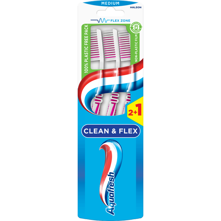 Aquafresh Clean&Flex Medium dagelijkse Tandenborstel 2+1 gratis, in 100% plasticvrije verpakking