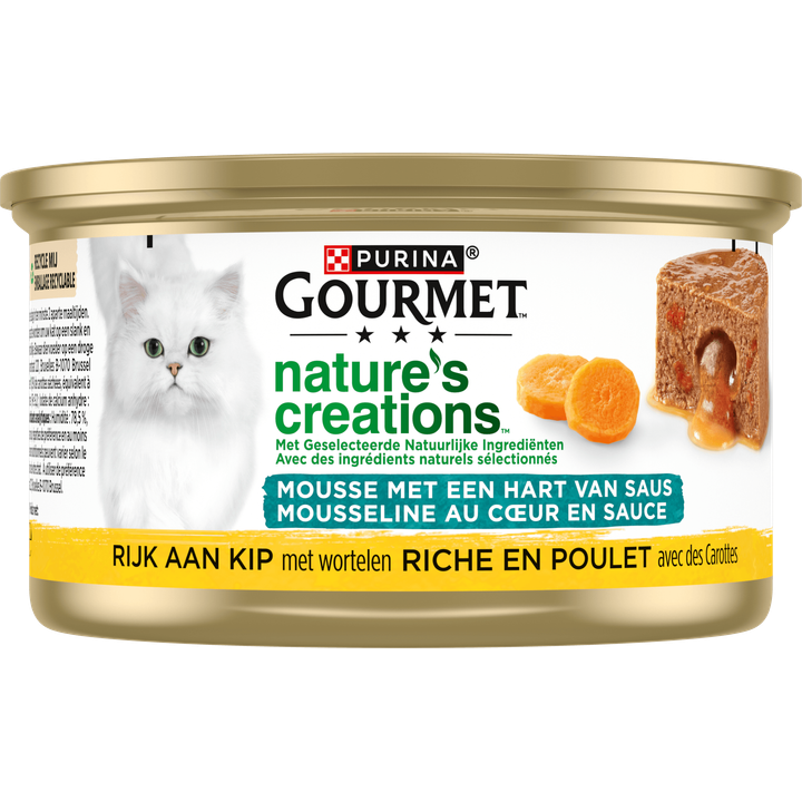 PURINA® Gourmet® Nature's Creations Mousse met een Hart van Saus, Rijk aan Kip met Wortelen Kattenvoer 85g