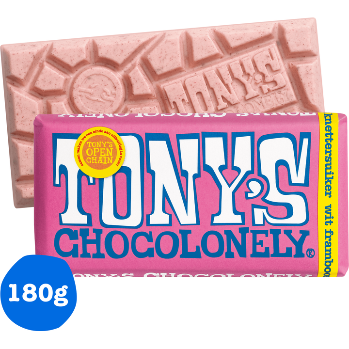 Tony's Chocolonely Wit 28% Framboos Knettersuiker Chocolade Reep 180 g
