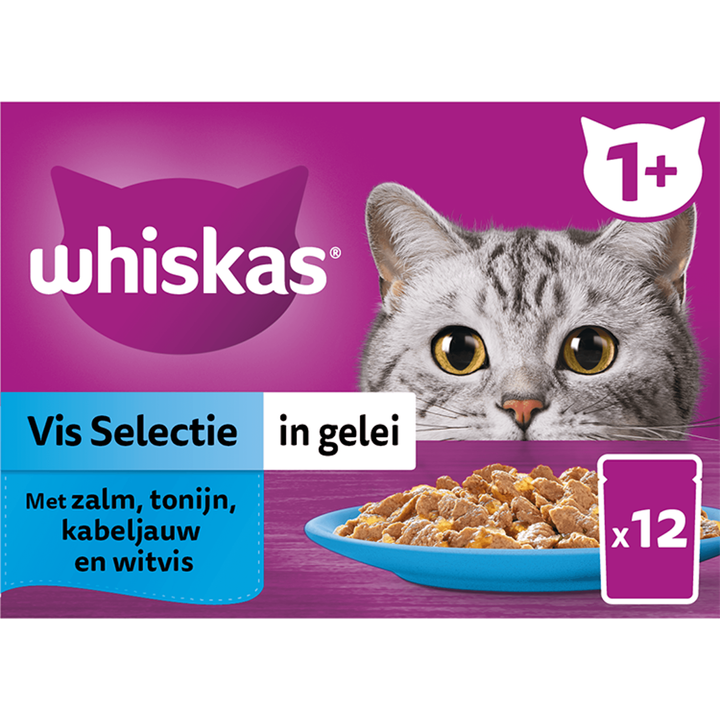 Whiskas 1+ Kattenvoer - Vis selectie in gelei - maaltijdzakjes 12x85g