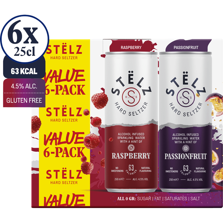 STËLZ - Hard Seltzer - Raspberry / Passionfruit Voordeelpack - 6 x 250ML
