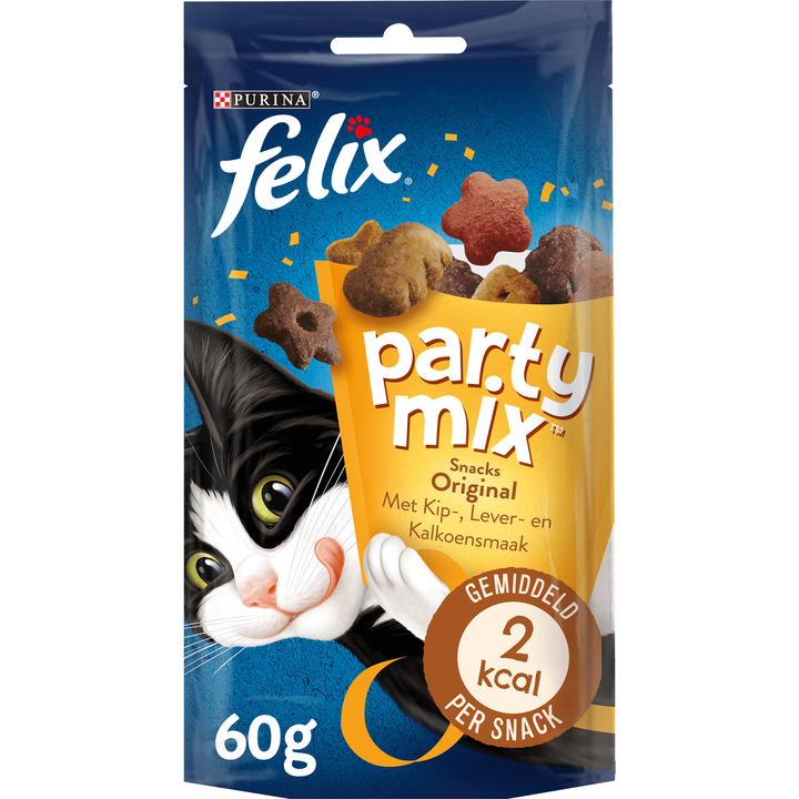 FELIX® Party Mix Original met Kip-, Lever- & Kalkoensmaak - Kattensnacks - 60g