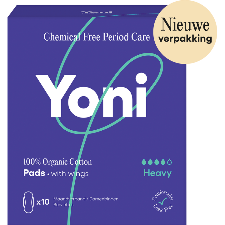 Yoni Maandverband Heavy 100% Biologisch Katoen met Vleugels 10 Stuks