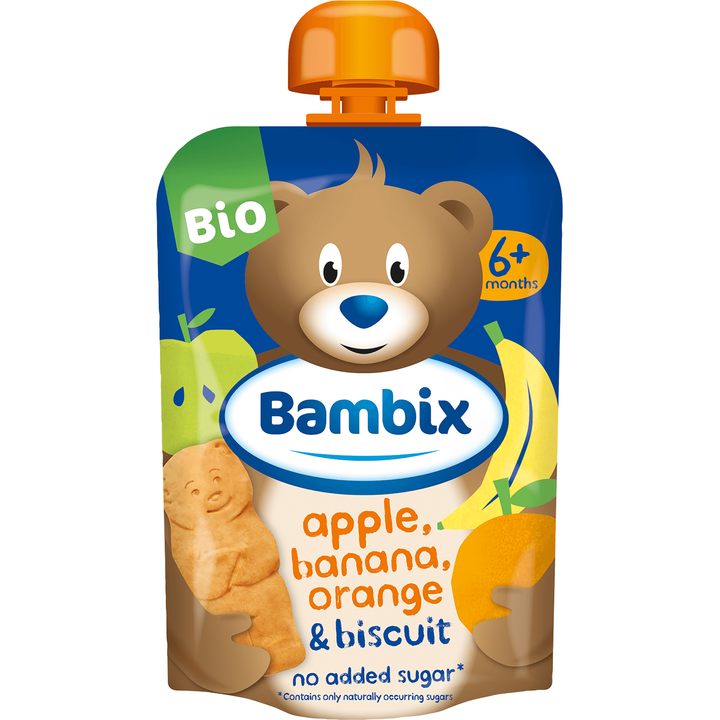 Knijpzakje Appel, Banaan, Sinaasappel & Koekjes Bio 6M+