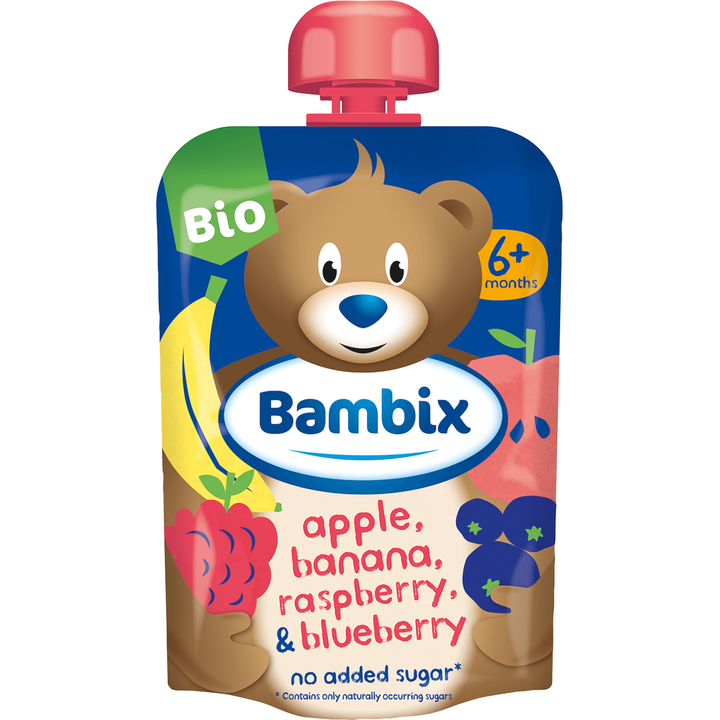 Knijpzakje Appel, Banaan, Framboos & Blauwe Bes Bio 6M+