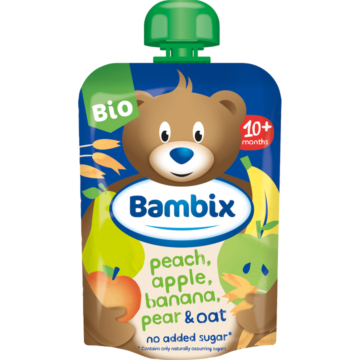 Knijpzakje Appel, Perzik, Banaan, Peer & Haver Bio 10M+