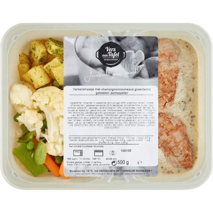 Varkenshaasje met Champignonroomsaus Groentemix Gebakken Aardappelen