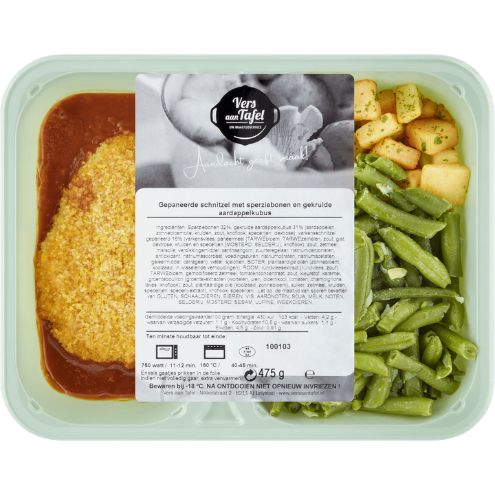 Gepaneerde Schnitzel met Sperziebonen en Gekruide Aardappelkubus