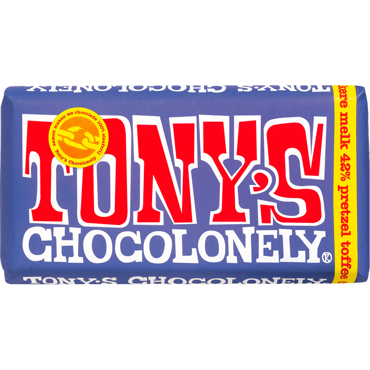 Tony's Chocolonely Donkere Melk 42% Pretzel Toffee Chocolade Reep