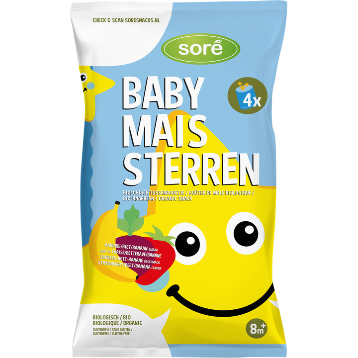 Soré Baby Mais Sterren Biologisch Tussendoortje Aardbei/Biet/Banaan Smaak 8m+ 4 x 15 g