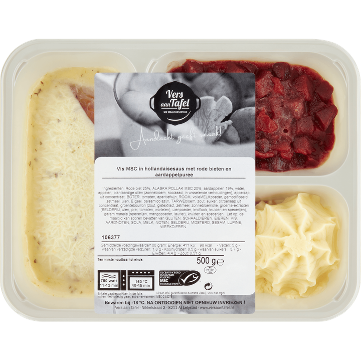Vis in Hollandaisesaus met Rode Bieten en Aardappelpuree