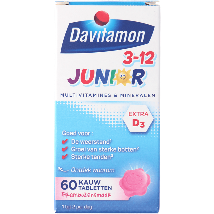 Davitamon Junior 3-12 kauwvitamines framboos, 60 stuks