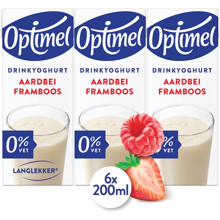 Optimel Langlekker Drinkyoghurt Aardbei Framboos 0% Vet 6 x 200 ml