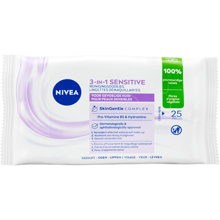 NIVEA 3-in-1 Sensitive Reinigingsdoekjes - 25 stuks - Make-up Remover Doekjes - Gezichtsreiniger - Voor de gevoelige huid
