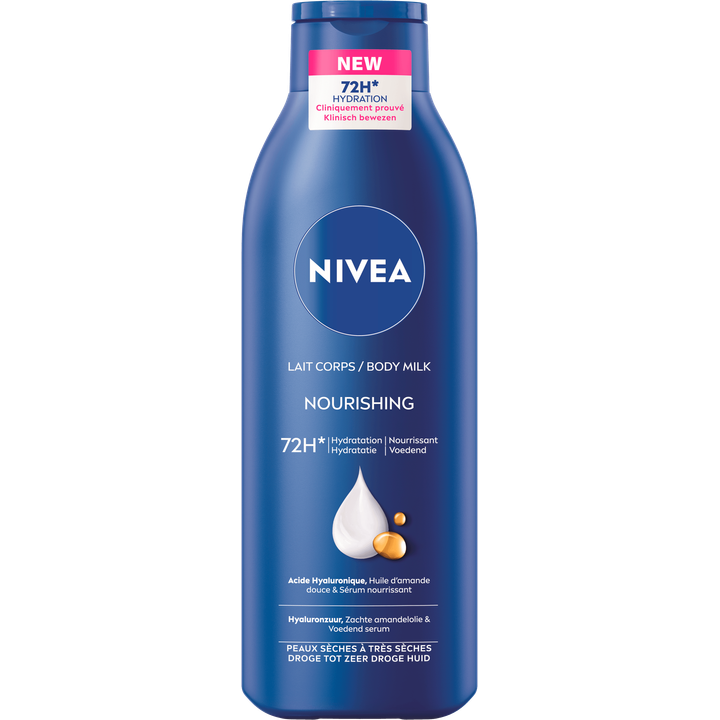 NIVEA Verzorgende Body Milk - met Hyaluronzuur Zachte Amandel Olie en Voedend serum - Body Melk met 72 Uur Hydratatie - Voor Droge tot Zeer Droge Huid - 250ml
