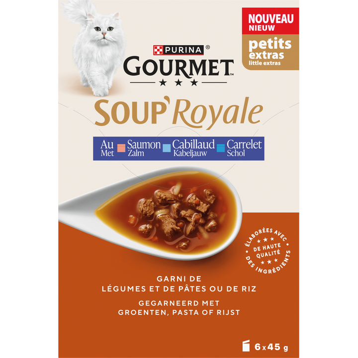 soup royale met zalm, kablejauw en schol