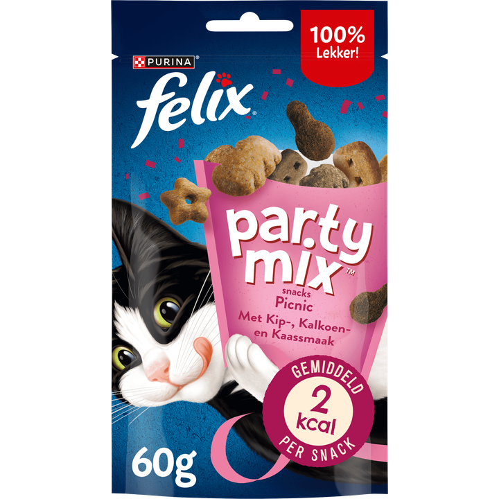 FELIX® Party Mix Picnic met Kip-, Kaas- & Kalkoensmaak - Kattensnacks - 60g