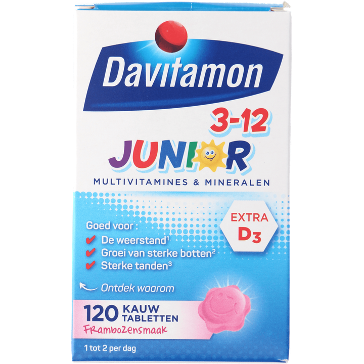 Davitamon Junior 3-12 kauwvitamines framboos, 120 stuks