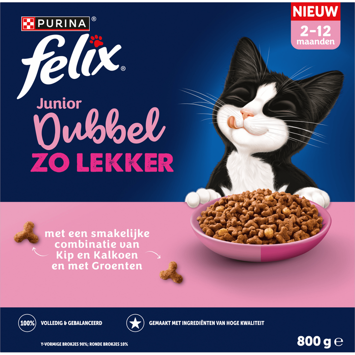 Felix Dubbel Zo Lekker Junior met Kip, Kalkoen, Melk en Groenten Kattenvoer 800g