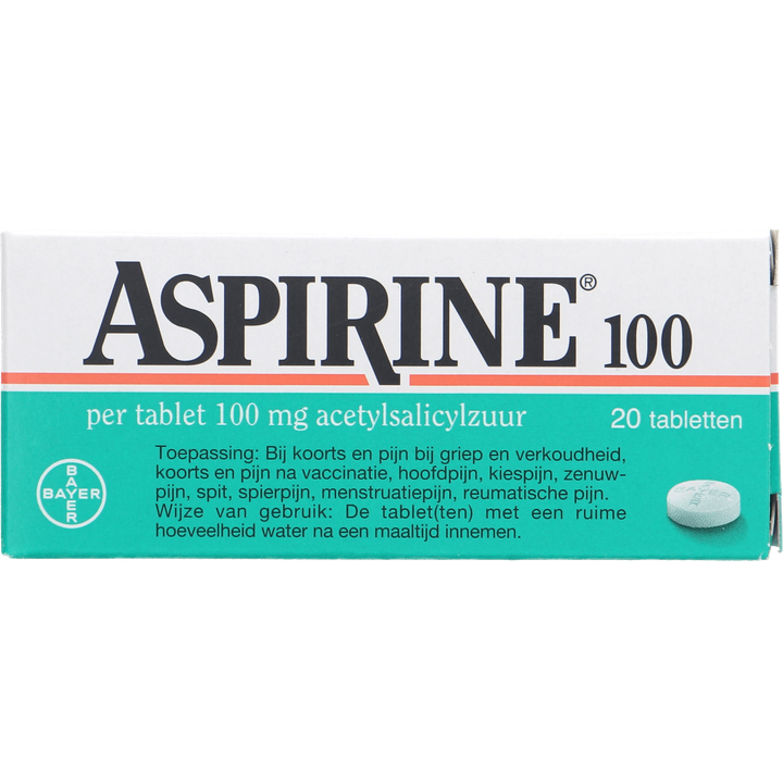 Aspirine tabletten 100 mg, helpt bij pijn, 20 stuks