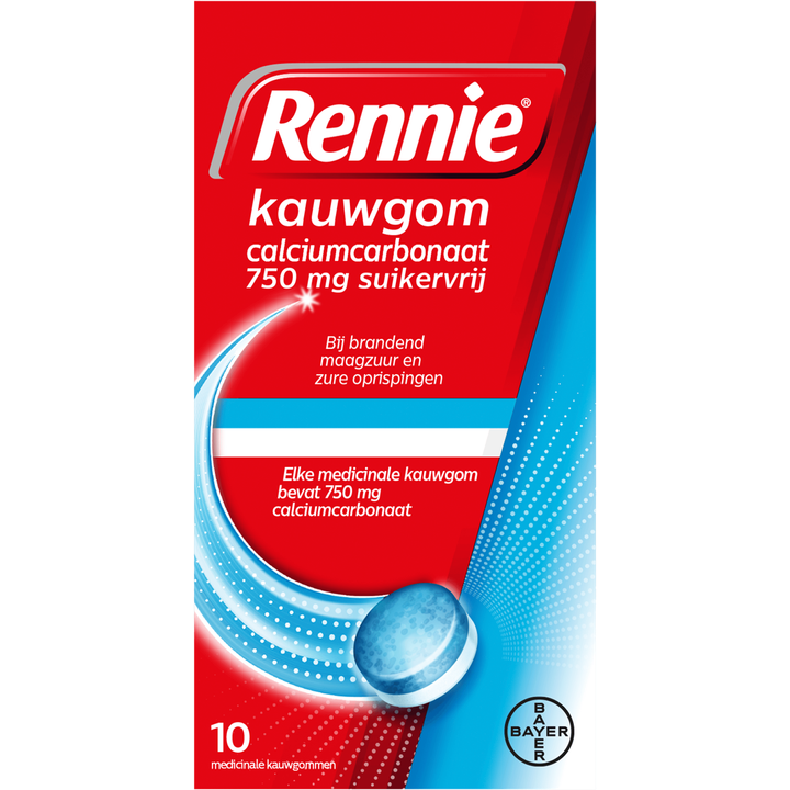 Rennie Kauwgom Calciumcarbonaat 750 mg Suikervrij 10 Medicinale Kauwgommen