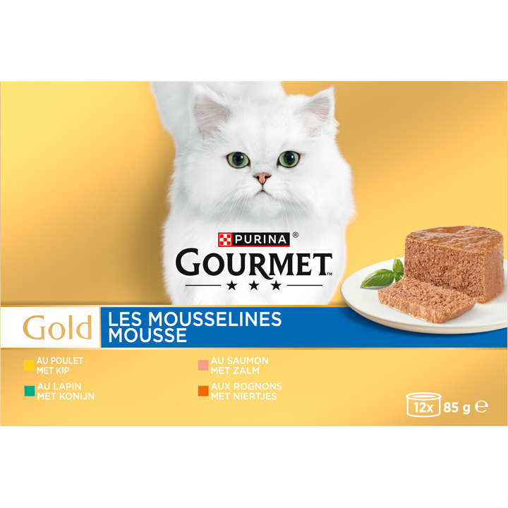 Gourmet Gold Mousse Kattenvoer nat met Kip, Zalm, Niertjes en Konijn