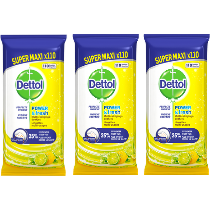 Dettol Power & Fresh Multi-Reinigingsdoekjes Sprankelende Citroen & Limoen Super Maxi 3 x 110 Stuks