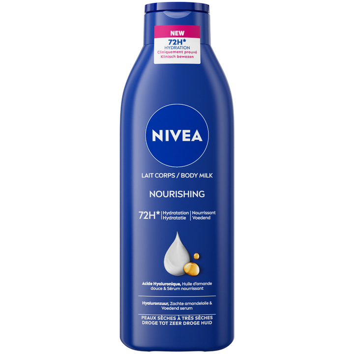 NIVEA Verzorgende Body Milk - met Hyaluronzuur Zachte Amandel Olie en Voedend serum - Body Melk met 72 Uur Hydratatie - Voor Droge tot Zeer Droge Huid - 250ml