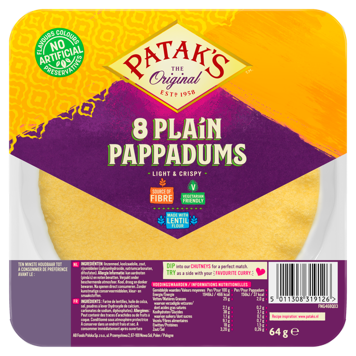 Patak's Pappadums Naturel Kant-en-Klaar 8 Stuks 64 g