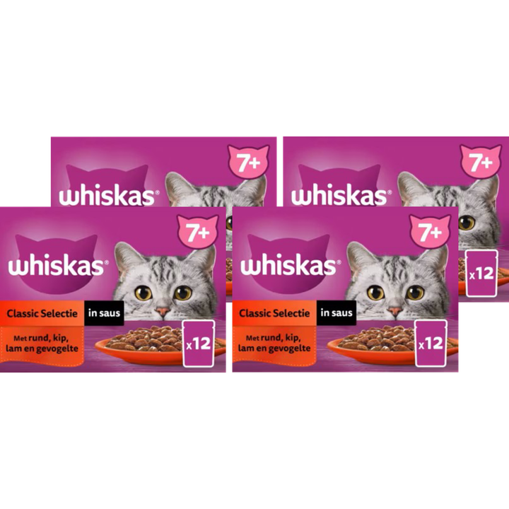 Whiskas 7+ Natvoer - Classic - Selectie in saus - maaltijdzakjes 4 x 12 x 85 g