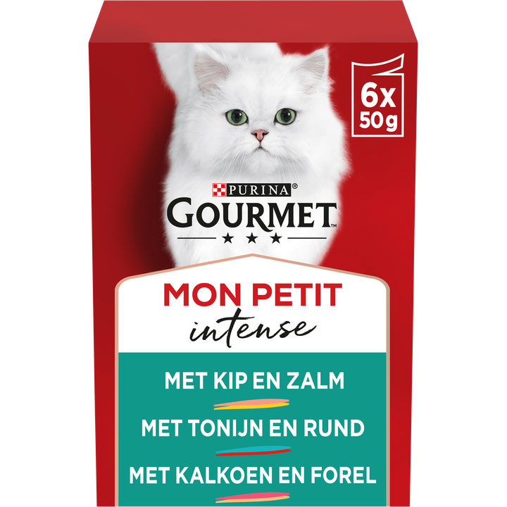 PURINA® Gourmet® Mon Petit Intense DUO Fijne stukjes met Kip en Zalm, met Tonijn en Rund, met Kalkoen en Forel 6x50g natvoer