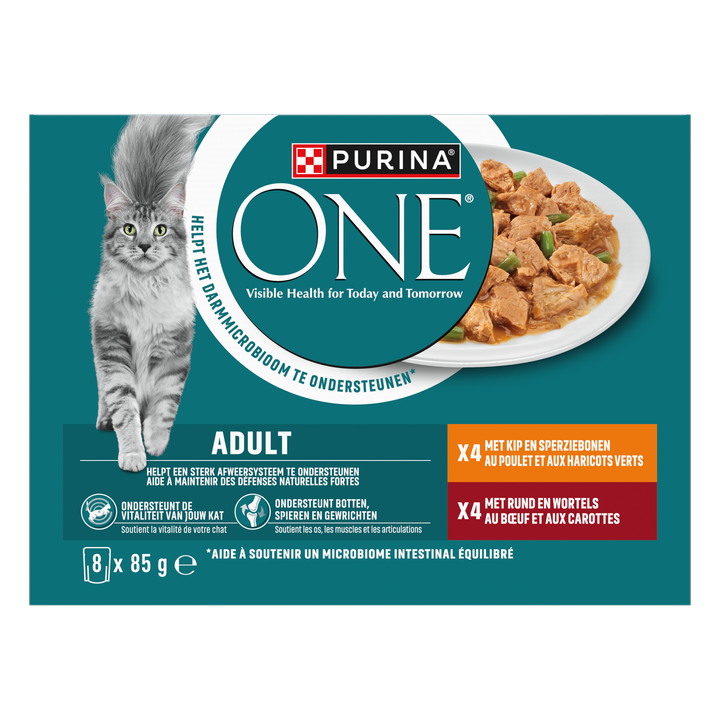 Purina ONE® Adult Rijk aan Kip en Sperziebonen / Rund en Wortels in Saus kattenvoer nat 8x85g