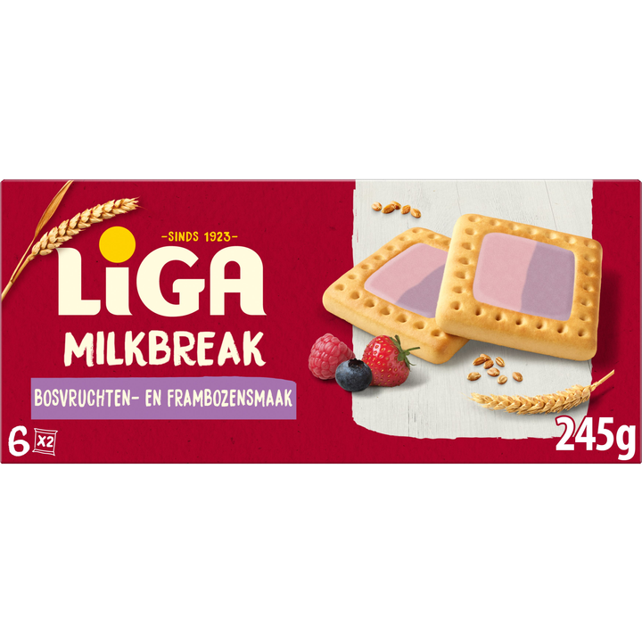 Liga Milkbreak Bosvruchten- en Frambozensmaak 6x2 biscuits 245 g