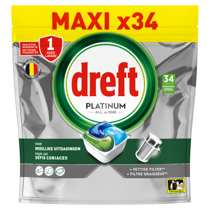 Dreft Platinum All In One Vaatwastabletten, Original, 34 Capsules