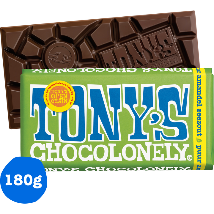 Tony's Chocolonely Amandel Zeezout Puur Chocolade reep 51% 180 g