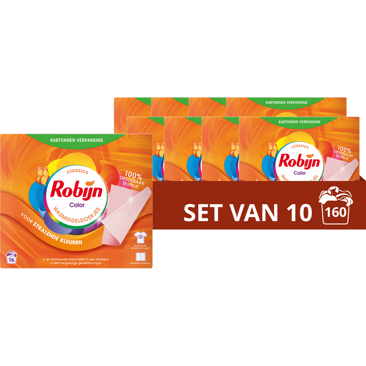Robijn Classics Wasmiddeldoekjes Color 16 wasstrips x 10 Dozen