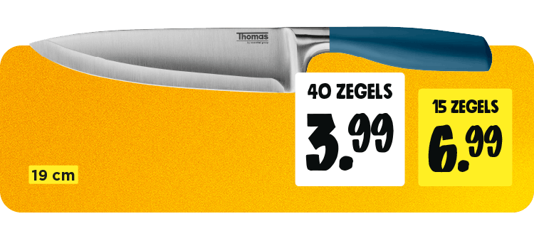 19 cm mes met 40 zegels 3,99, met 15 zegels 6,99