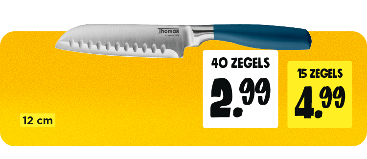 12 cm mes met 40 zegels 2,99, met 15 zegels 4,99
