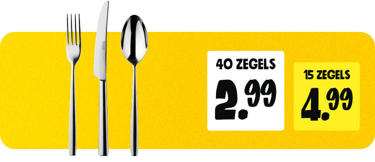Bestekset met 40 zegels 2,99, met 15 zegels 4,99