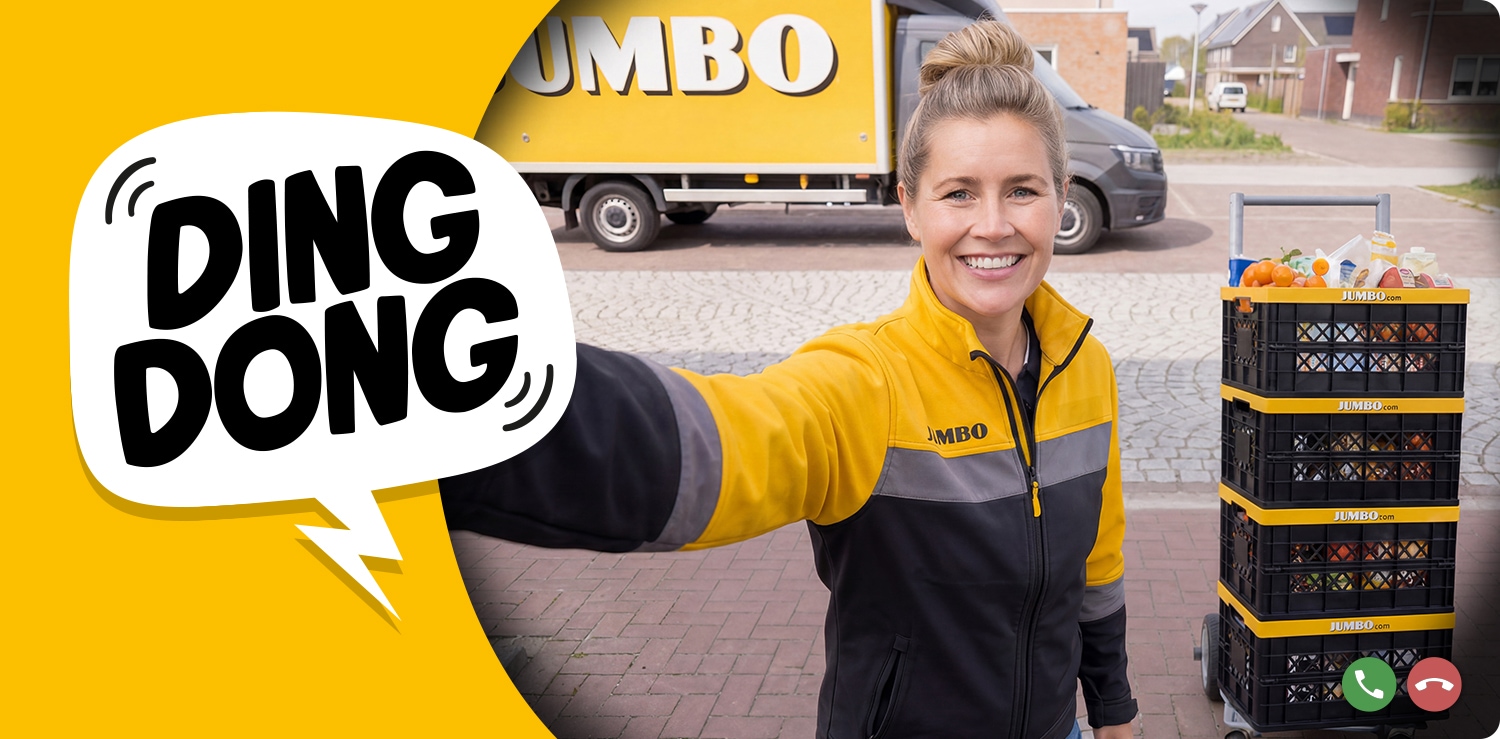 Bezorger belt aan bij een klant om de boodschappen te bezorgen. In een tekstwolk is de tekst ding dong te zien