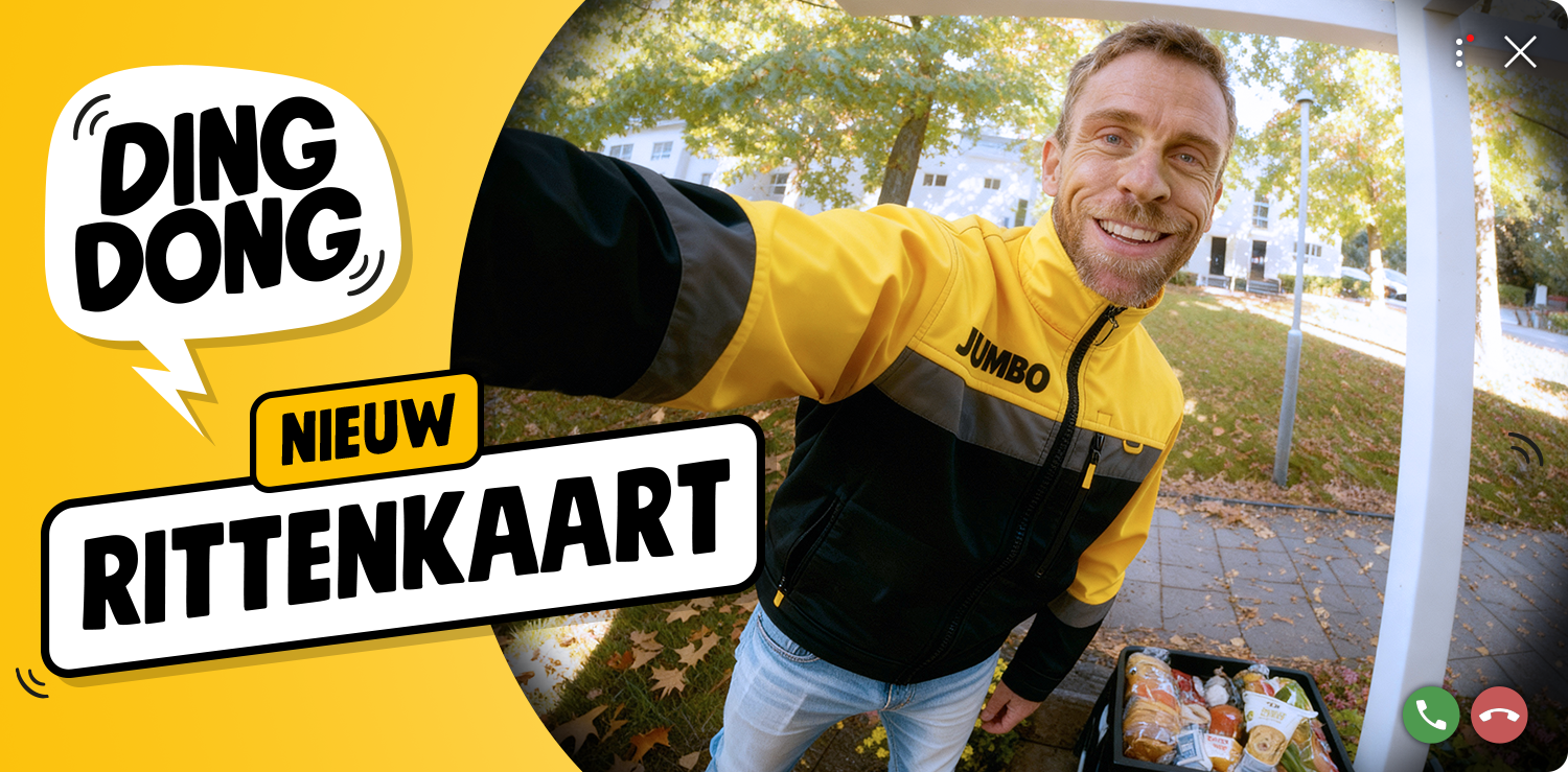 Bezorger met boodschappen wijst zijn duim omhoog, tekst 'ONBEZORGD BEZORGD' in beeld.