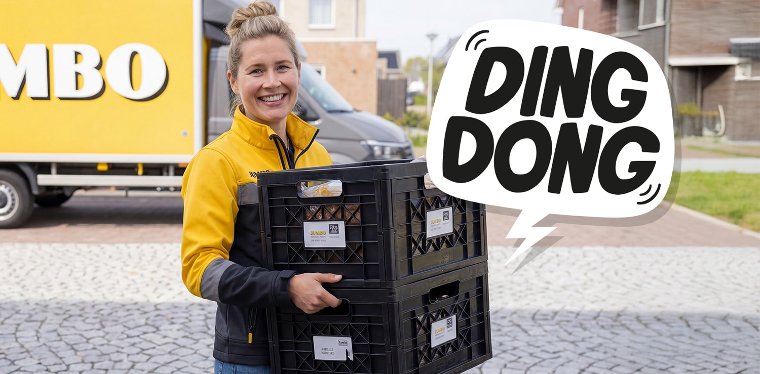 Bezorger belt aan bij een klant om de boodschappen te bezorgen. In een tekstwolk is de tekst ding dong te zien