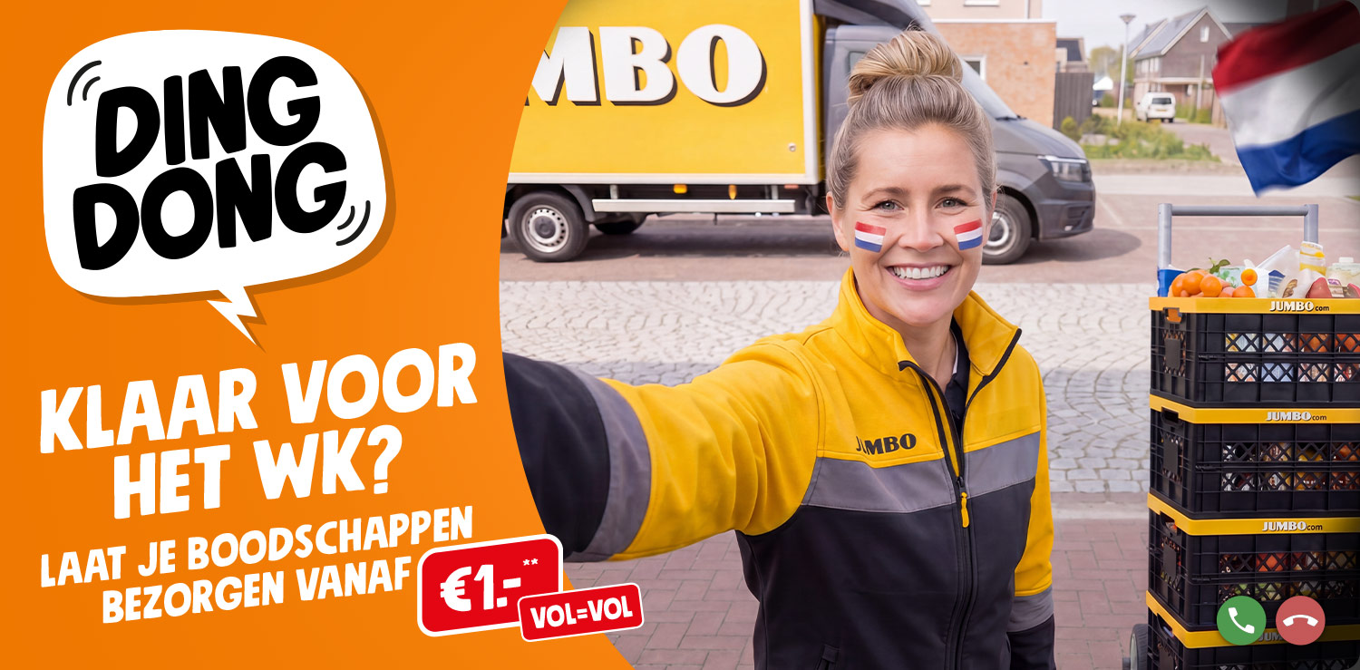 Bezorger belt aan bij een klant om de boodschappen te bezorgen. In een tekstwolk is de tekst ding dong te zien