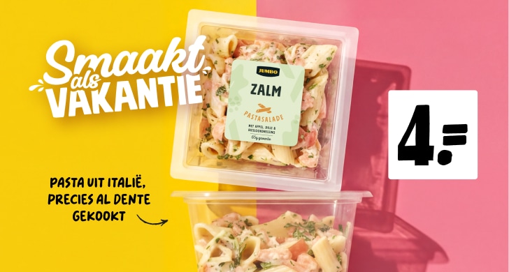 Heerlijke pasta salades voor 4 euro. Pasts uit italië precies al dente gekookt. Dat smaakt als vakantie