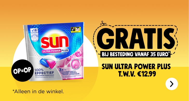 Gratis Sun Ultra power plus vaatwastabletten t.w.v. 12,99 bij besteding vanaf 35 euro.  Op is op