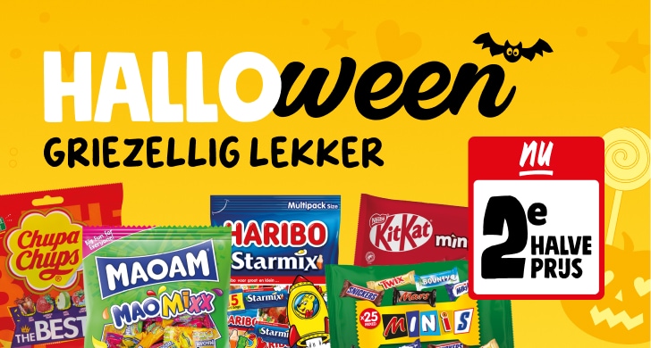 Sla alvast snoep in voor Halloween. Alle A-merk chocolade of snoep uitdeelzakken nu tweede voor de halve prijs. Bekijk de aanbieding.