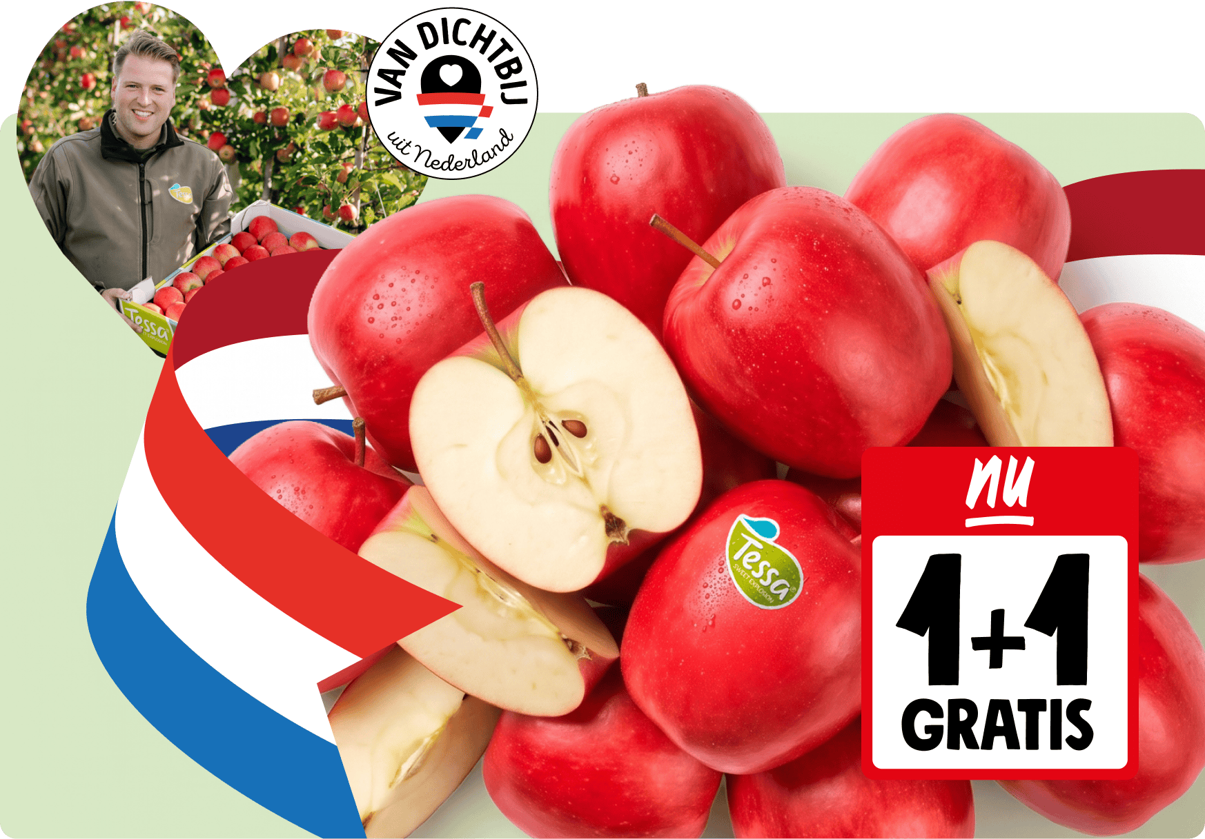 De Tessa appel komt van Nederlandse bodem, is exclusief bij Jumbo verkrijgbaar én nu in de aanbieding. Zak van 1 kilo, nu 1 + 1 gratis.