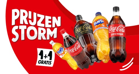 Het is prijzenstorm: aanbiedingen die zo de winkel uitvliegen. Zoals Coca-Cola en Fanta, alle flessen van 1 liter, nu 1 plus 1 gratis.