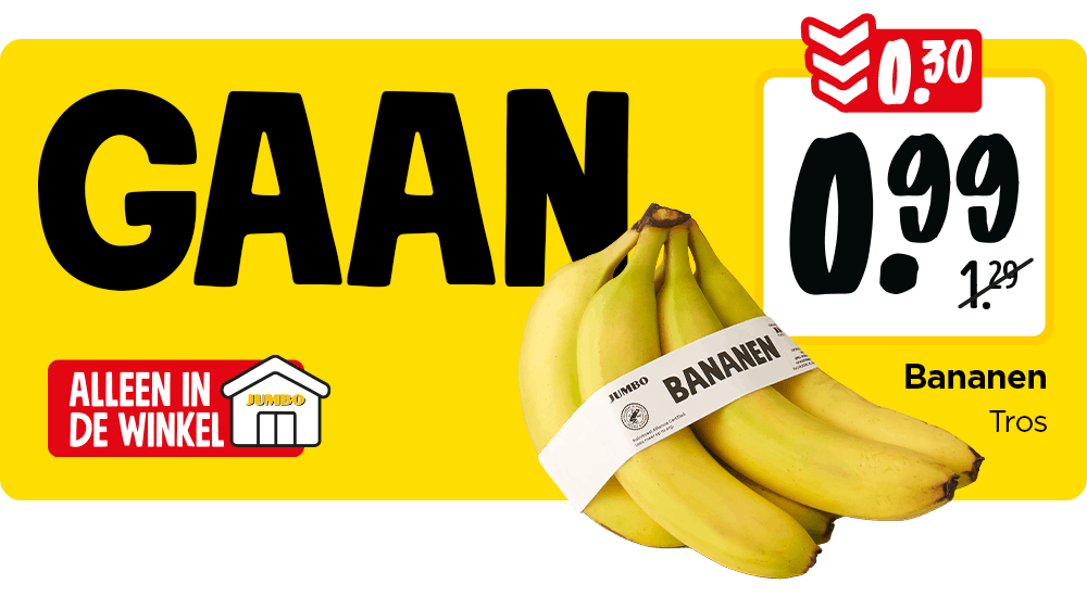 bananen met 30 cent in prijs verlaagd. Alleen verkrijgbaar in de winkel 